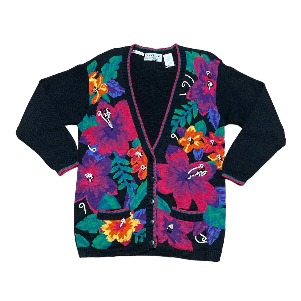 Vintage Cardigan Women M Jantzen Classics Slouchy Sweater Embroidered Floral 90s